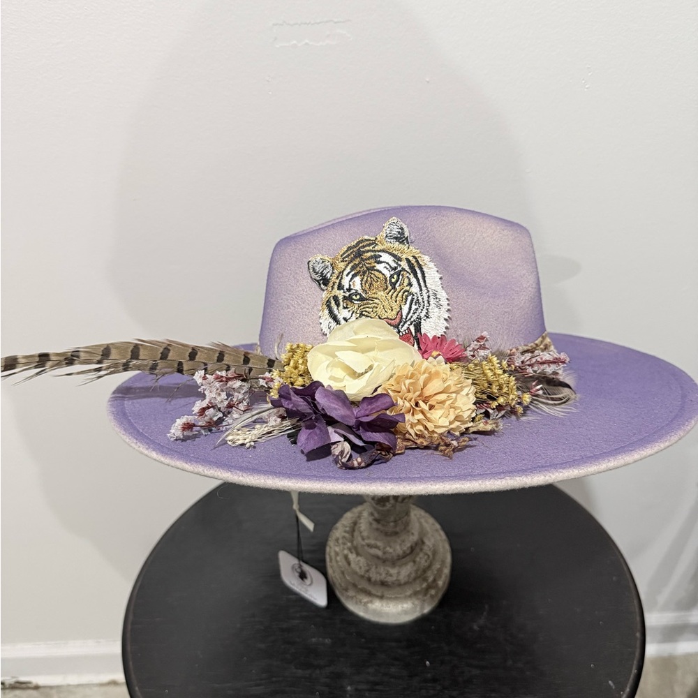 Lavender Embroidered Tiger Wide-Brim Hat with Floral Trim. LSU Fans!!!